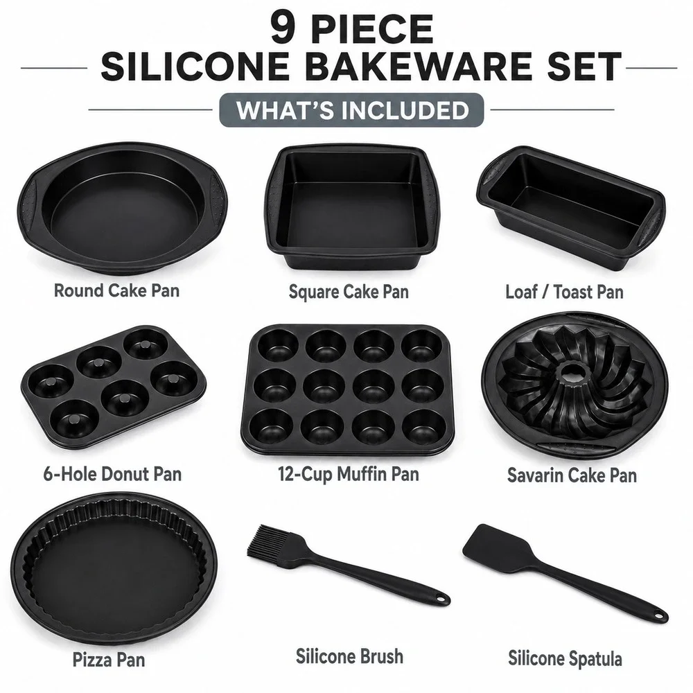 Aschef 9 Piece Silicone Bakeware Set Nonstick BPA Free Cake Muffin Donut Pans